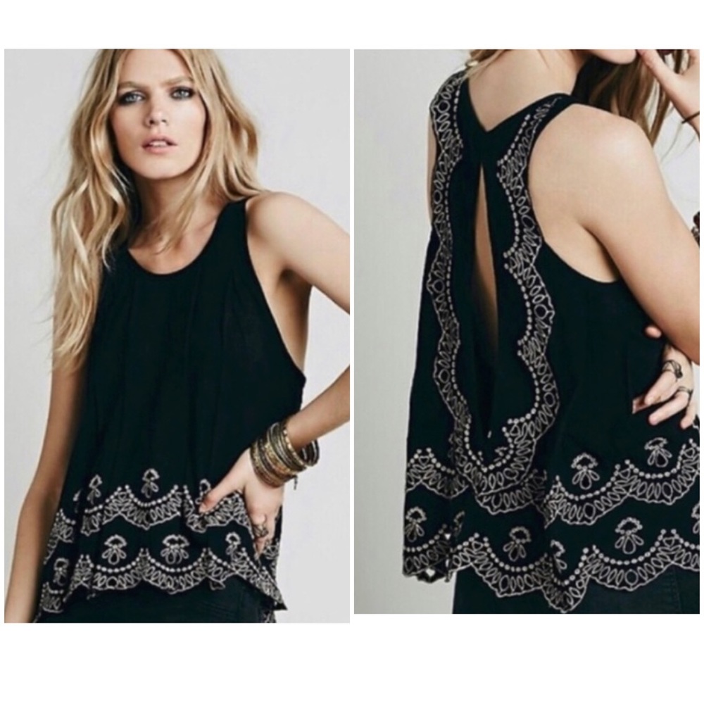 FREE PEOPLE Black Scalloped Open Back Slub Tank S - Picture 2 of 9
